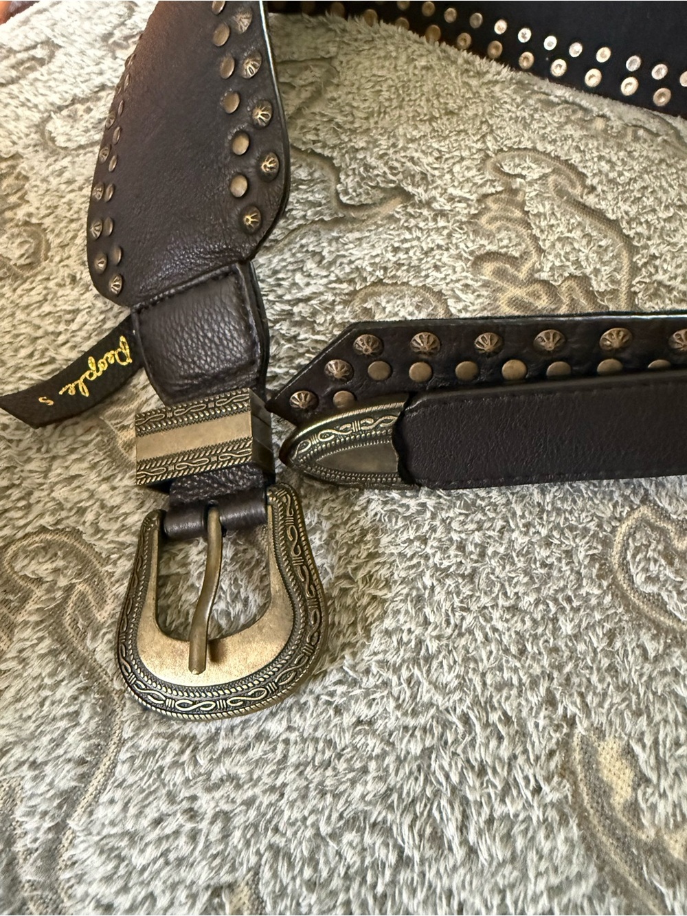 Free People Black Leather Studded Western Belt with Antiqued Gold Buckle - Picture 7 of 7